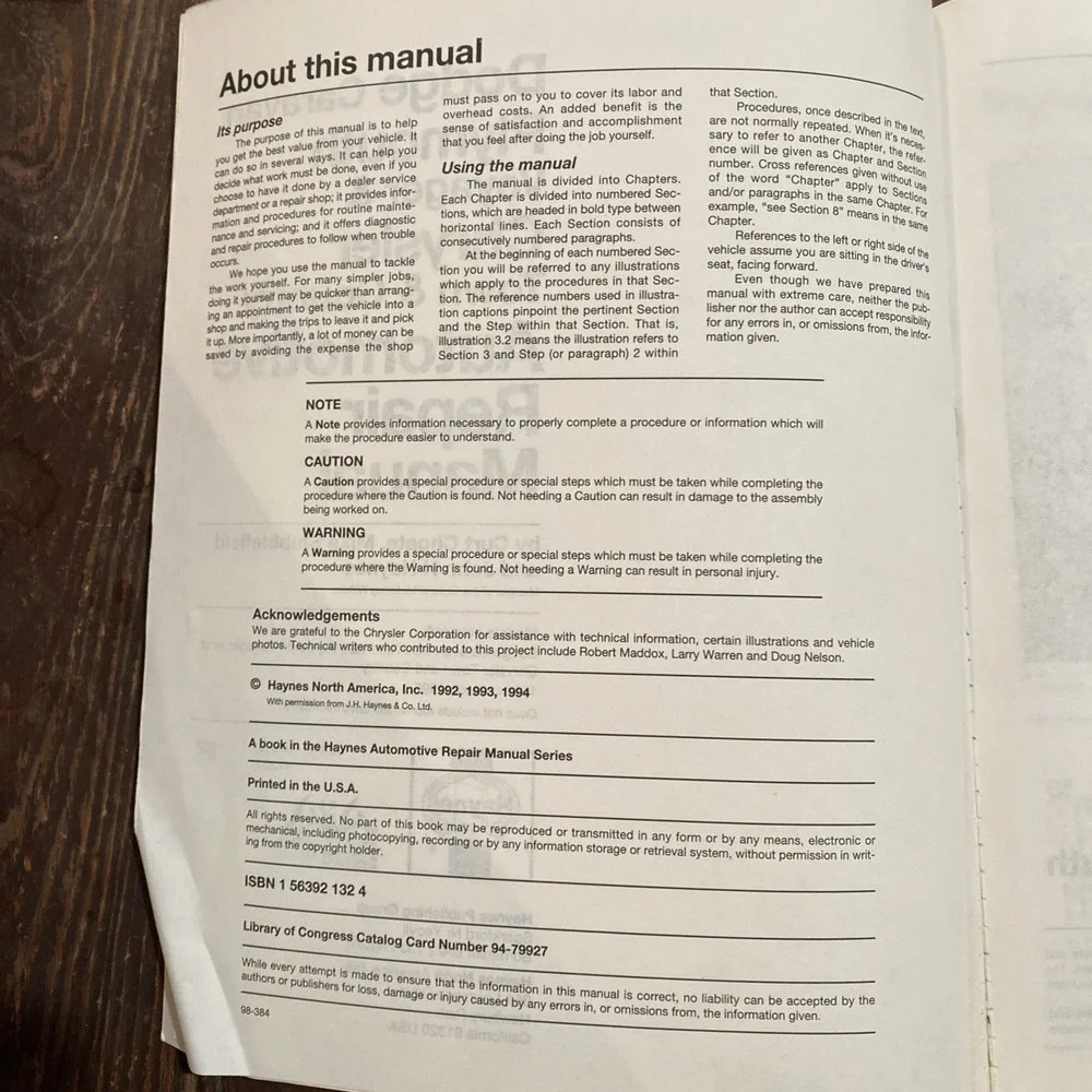 Haynes Repair Manual 1231 Dodge Caravan Voyager Town‎ & Country Repair 1984-1995